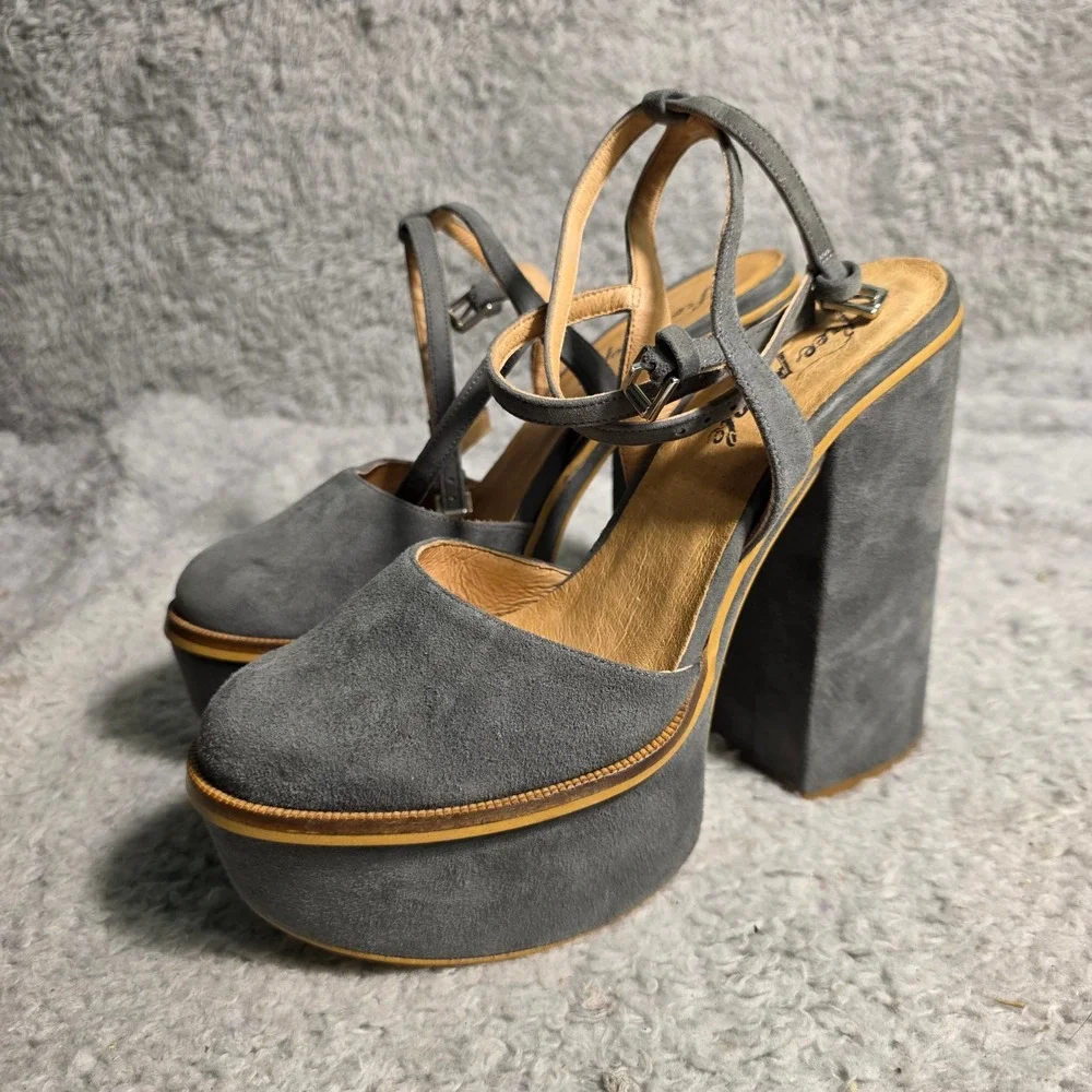 Free People Sundown Platform Heels Grey Suede Ankle Strap Women 38 7-7.5 70s‎